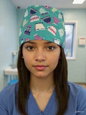 Turquoise Surgical Cap with Pink & White Teapot Print